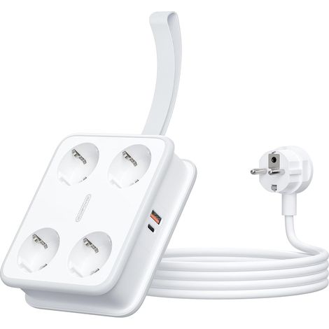 Multiprise 4 Prises USB C 45W GaN 2500W Montage Mural Prise de Distribution 1,6 mètre 10A avec Interrupteur pour travaux de déplacement, Blanc (1/5)