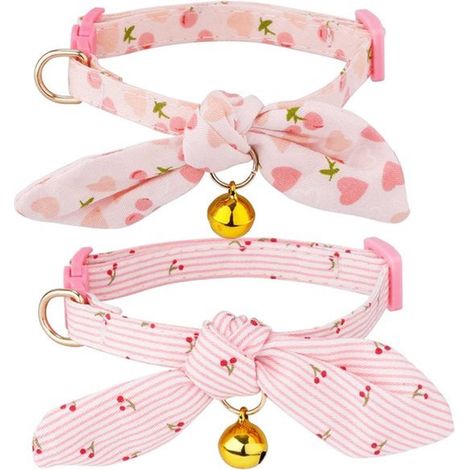Lot de 2 colliers pour chat avec nœud papillon en coton et clochette, biodégradables, à motifs cerises ajustables. (1/5)