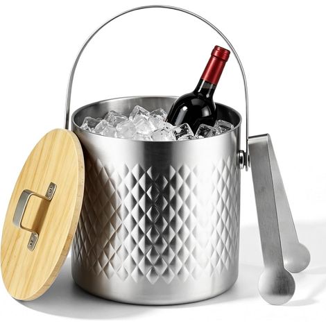 Seau à Glacon 3L En Acier Inoxydable avec Couvercle Pince Seau à Glace Isolé Double Paroi pour Conserver Les Glaçons Idéal pour Vin Champagne Cocktails Fruits Utilisation Bar Maison Fêtes (1/5)