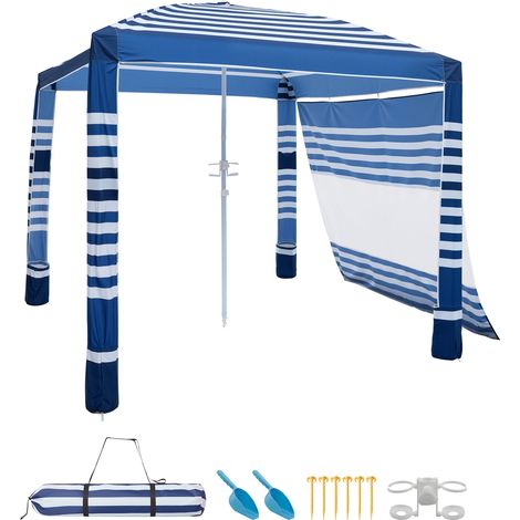 Mophorn Tenda da spiaggia per esterno 2438 x 2438 mm con parete laterale, semplice da assemblare con tasche per la sabbia, parasole portatile con altezza regolabile, design a righe blu scuro e bianco (1/5)