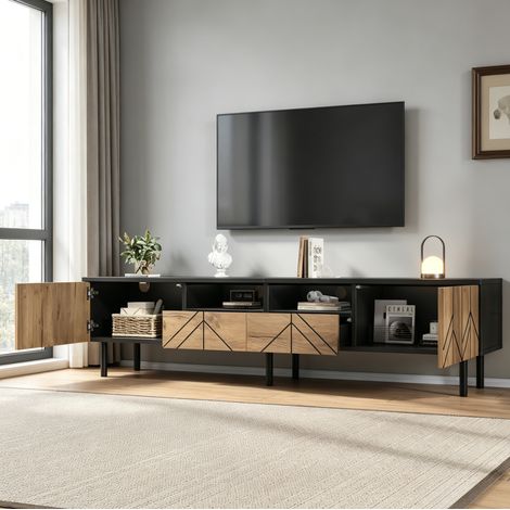 Mueble TV 180x40x45 cm de aglomerado con 2 cajones y 2 puertas, negro efecto madera, OKWISH (1/5)