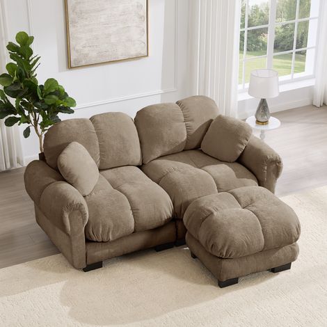 Canapé d'angle modulaire 2 places marron en chenille avec ottomane mobile (1/5)