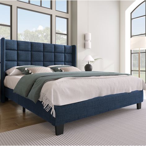 Lit double rembourré en tissu bleu 140 x 200 cm, tête de lit haute inclinée, sommier à lattes en bois, cadre acier, pour chambre, sans matelas – de FLORAGRACE (1/5)