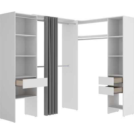 Vestidor de rincón Siles con cortina y cajones acabado blanco, 205cm(alto) 214cm(ancho) 141cm(fondo) (1/4)