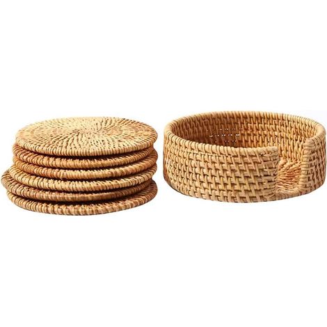Tischset, 6er-Set, Rattan-Tischsets, 6er-Set, Rattan-Tischsets, braun, rund, für Esstisch, hitzebeständig, rutschfest, Kreuz, 8 cm