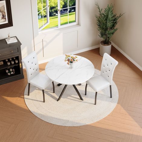 DESMIU Table de salle à manger ronde avec 2 chaises, structure métallique, pour cuisine et salle à manger, noir et blanc (1/5)