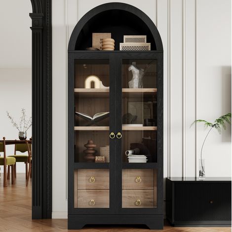 Credenza alta nera con ante in vetro, ripiani regolabili e cassetti, 76,2 x 40,1 x 180 cm (1/5)