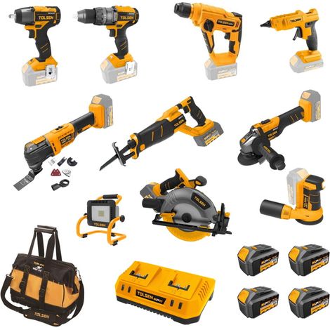 Tolsen Set di 11 Macchine Elettroutensili Serie MP20V Brushless + 4 Batterie 4Ah + 1 Caricabatterie DOPPIA PORTA 2/4 Ah (1/5)