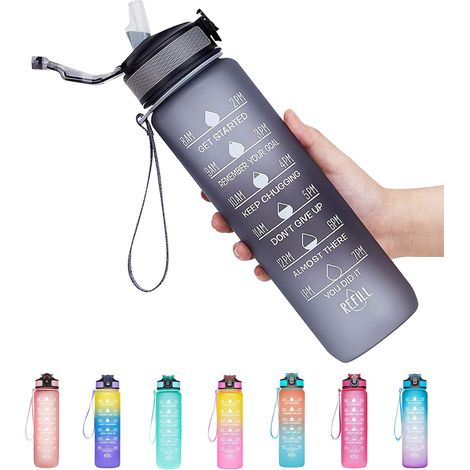 Botella de agua potable a prueba de fugas de 946 ml (32 oz) con temporizador y pajita para asegurar que bebas suficiente agua durante todo el día, ideal para deportistas y amantes de las actividades a (1/5)