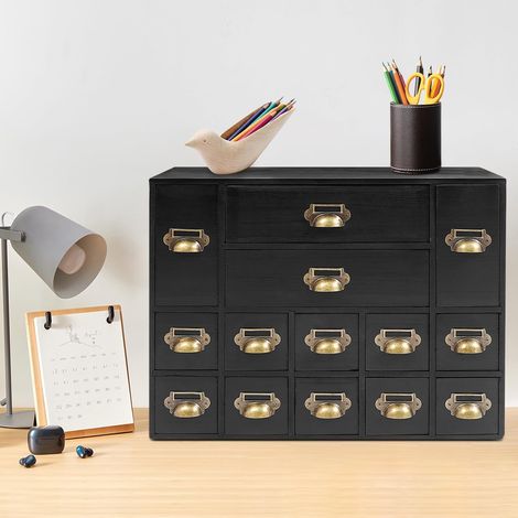 Apothekerschrank mit Schubladen 14 Vintage Apotheker Schubladen Desktop Organizer für Zuhause & Büro Hölzerner Tischplatten Bibliothekskartei Katalogschrank Aufbewahrung für Schmuck, Schwarz (1/5)