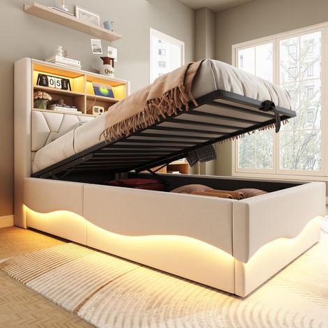 Lit enfant 90x200 cm avec coffre hydraulique, bande LED pilotable via application, port USB, sommier à lattes en métal, garniture en lin beige (1/4)
