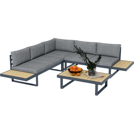 5-sitzige Eck-Gartenlounge-Garnitur mit Aluminium-Couchtisch, anthrazitgrauen Kissen und Holzoptik.