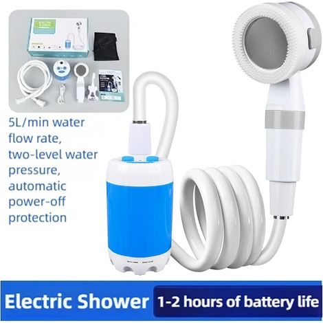 Pompe de douche de camping portable (bleue) avec affichage numérique, 4000 mAh, rechargeable, améliorée, pour camping, plage et dortoir. (1/4)