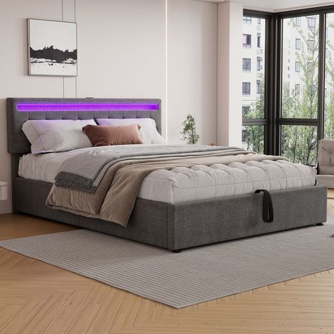 Cama almacenaje 160x200 cm con luz LED regulable puertos Tipo-C en el lateral tapizada en lino gris (Sin Colchón) (1/5)