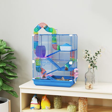 Cage pour hamster rongeur 4 étages avec tunnels mangeoire roue maison échelles 46 x 30 x 58 cm bleu