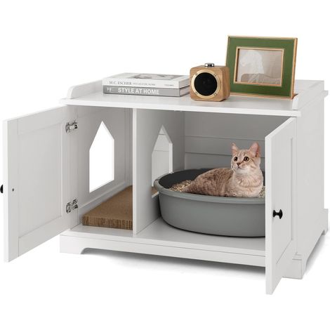 Costway – Maisonnette pour chat en bois – Toilettes cachées avec griffoir – Séparateur réglable et entrée latérale – Dimensions 75x51x53 cm – Blanc