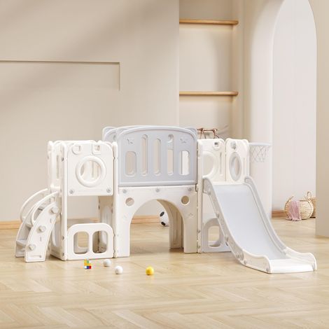Toboggan 6 en 1 en PEHD pour enfant - avec toboggan, panier de basket et des escaliers, 2 compartiments, espace voûté pour gramper au sol - Blanc cassé (1/5)