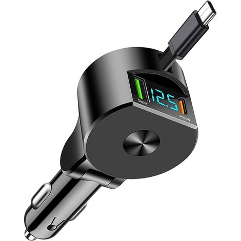 Chargeur de voiture 3-en-1 rétractable - 75W, Chargeur rapide PD3.0, USB-A et USB-C, Adaptateur avec câble extractible, Compatible avec iPhone 16/15/Pro MAX/Plus/Pro