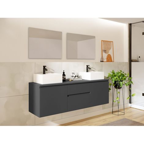 Meuble de salle de bain suspendu avec double vasque et miroirs - Gris - 150 cm - JIMENA II