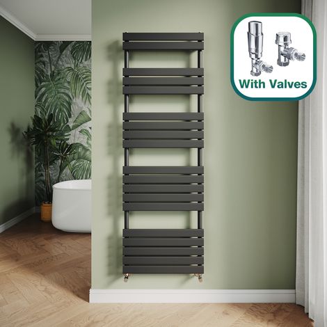 ELEGANT Modern Central Heating Towel Radiator Bathroom Flat Panel Heated Towel Rail 1800x600mm Black + Chrome Thermostatic Radiator Valves