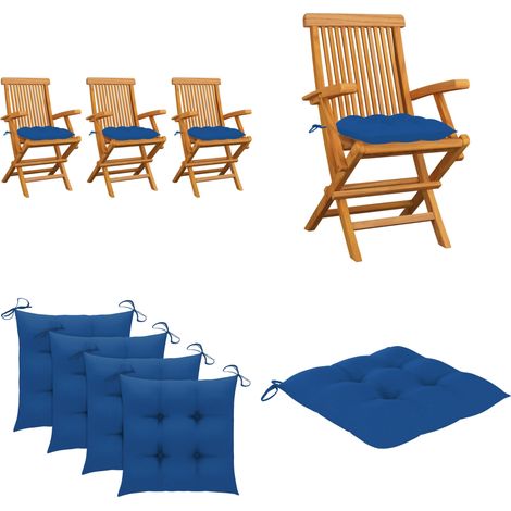 Gartenstühle mit Blauen Kissen 3 Stk. Massivholz Teak - Gartenstühle - Teakholzmöbel - Outdoormöbel - Gartenmöbel - Balkonmöbel - Home & Living (1/5)