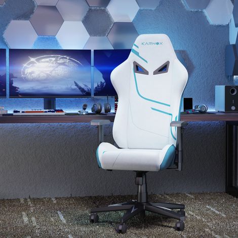 Sedia gaming ergonomica in tessuto bianco e blu con poggiatesta e supporto lombare (1/5)