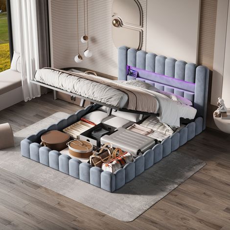 JOOKGBD-Polsterbett Bubble Bett 180x200 cm, Doppelbett mit Hydraulisch Stauraum, Stauraumbett mit USB und LED, Jugendbett mit bettkasten, Boxspringbett mit Lattenrost,Ohne Matratze,Hellgrau