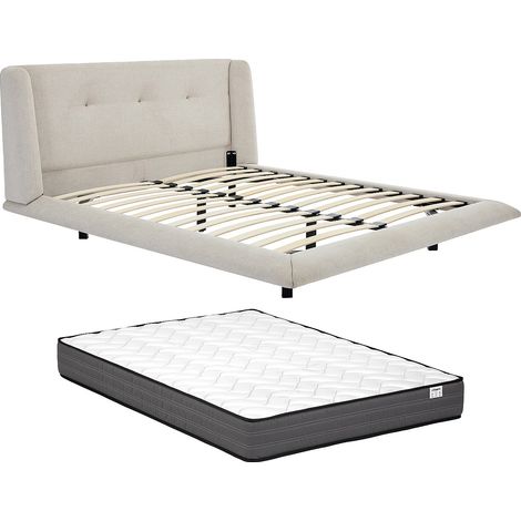 Lit 140 x 190 cm avec tête de lit capitonnée - Tissu - Beige + Matelas - PENAVI