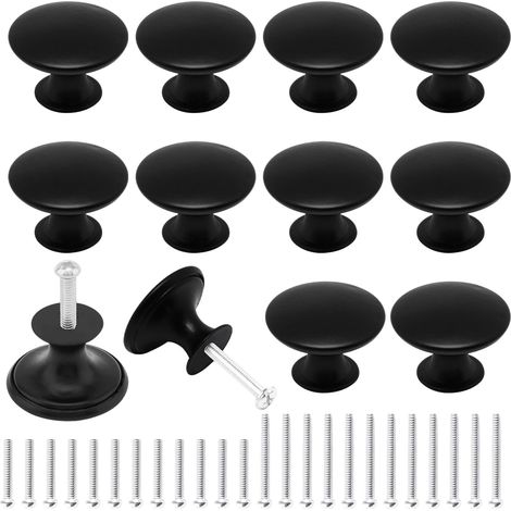 12 Pièces Bouton de Meuble Noir, Boutons Armoire Ronds avec Vis Assorties, Bouton de Tiroir en Inoxydable pour Placards Commode Armoire Meuble, 29mm (1/5)