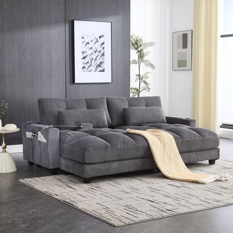 Canapé 2 places en velours côtelé gris, divisible en 2 fauteuils individuels, avec 2 coussins, 4 porte-gobelets, 4 poches latérales, ports de chargement USB sur les accoudoirs, pour salon, chambre et  (1/4)