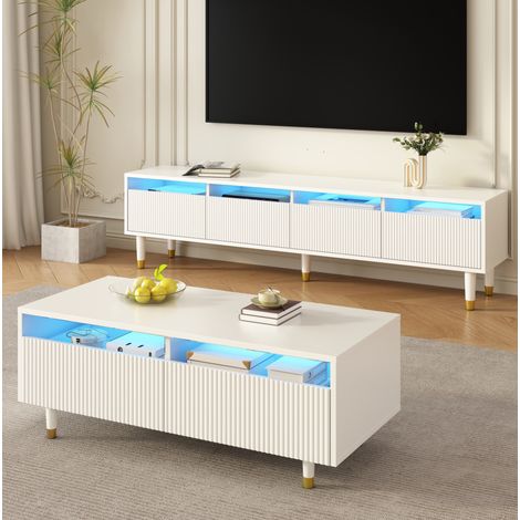 Wohnzimmer-Set (110 x 50 x 40 cm, 178 x 35 x 45 cm), mit LED Licht, Stauraum, MDF, Weiß (1/5)