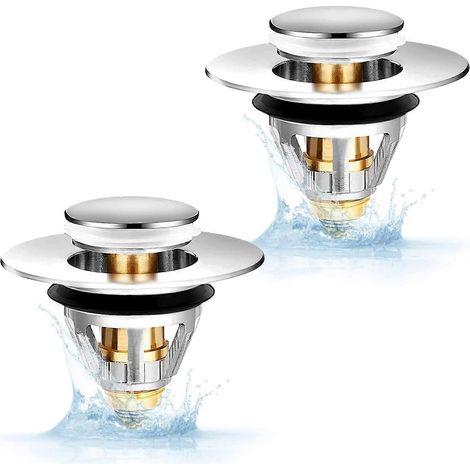 Bouchon de lavabo universel à clapet automatique en acier inoxydable sans soupape de trop-plein, lot de 2 (1/5)