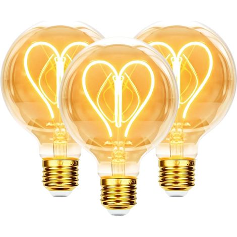 Ampoule E27 Vintage LED 4W Dimmable filament en forme de cœur, Lot de 3 Ampoule LED E27 Blanc chaud 2400K Ampoule Vintage Edison rétro design Verre ambré pour la maison, le café, le ba (1/5)