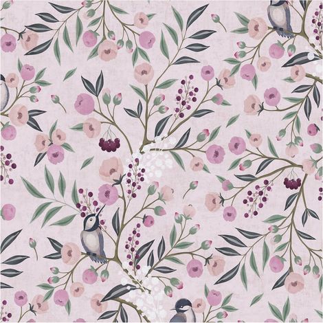 Children wallpaper wall Profhome 771361 non-woven wallpaper smooth with birds pattern matt pink fuchsia green grey 5,33 m2 (1/5)