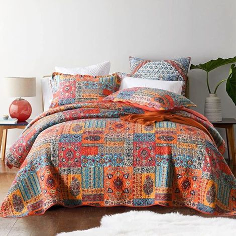 Couvre-lit 240x260 cm patchwork bohème coton + 2 taies, courtepointe mixte orange grande taille Label (1/4)