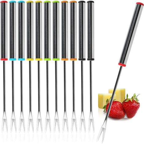 Lot de 12 fourchettes à fondue en acier inoxydable - pour fondue au fromage et au chocolat - service à fondue compatible lave-vaisselle avec manches en acier inoxydable et capuchons de fourchettes col (1/4)