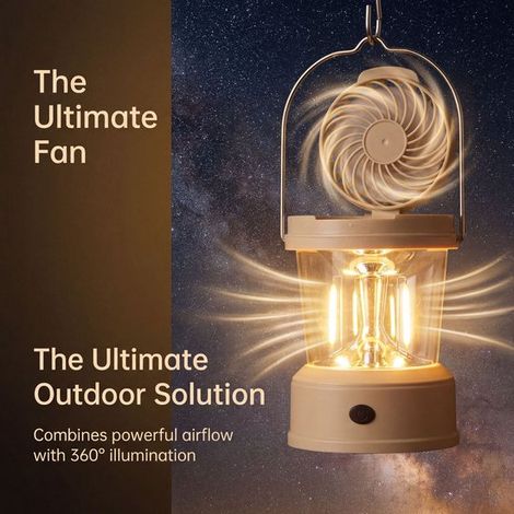 Linterna LED portátil para camping con ventilador，18x10 cm，lámpara recargable para exteriores，iluminación LED brillante y eficiente (1/5)
