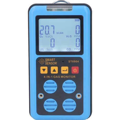 Four-in-one gas detector, high precision, triple alarm (audible, visual and vibration), large screen with high-definition backlight, capable of detecting CO, H2S, O2, LEL (1/5)