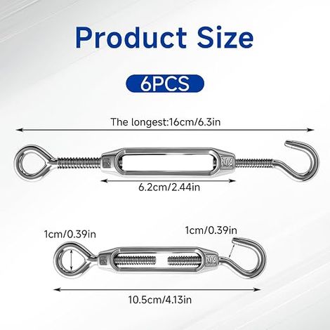 304 Stainless Steel Tensioners, Adjustable Clothes Line Tensioner, Stainless Steel Tensioner for Shade Sail, Clothesline, Garden and Outdoor Rope (1/4)