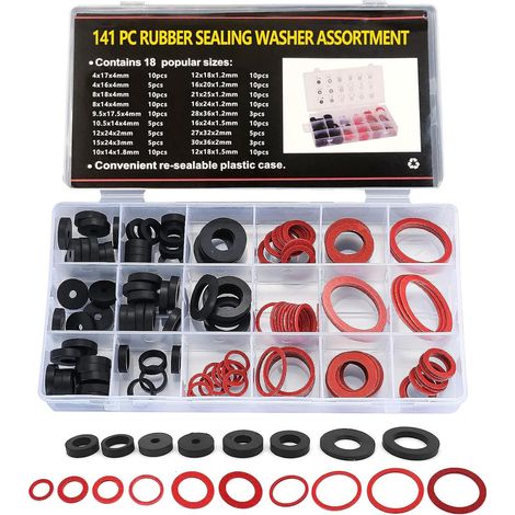 141 Pieces O-Ring Seal Rubber Washer, Faucet Washer Assortment Kit, 18 Differnt Assorted Sizes Fiber Seals with Storage Box (1/5)