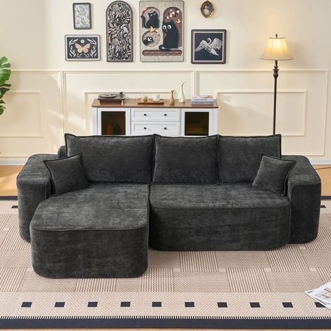 Canapé d'angle convertible - KOMHTOM - Chaiselongue réversible - Tissu noir - Rangement intégré - 262x144x65 cm (1/5)