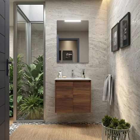 Mobile Bagno Sospeso 80 cm con 2 Ante e Lavabo Incasso Noce Maya – Linea (1/5)