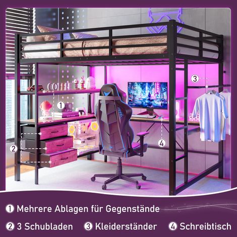 Lit minuit,140200cm,avec lumières LED,bureau,prise + USB,3 tiroirs,étagères,rampes,escaliers,sans matelas,noir (1/5)