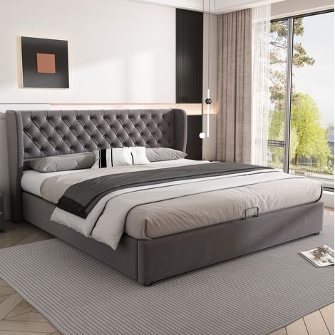 Lit coffre 180x200 velours gris capitonné avec sommier HAVRYA (1/5)