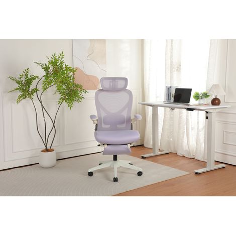 Chaise de bureau ergonomique pliante pour petit espace, soutien lombaire, assise en mousse, accoudoirs relevables, appui-tête 3D, repose-pieds intégré, violet (1/5)