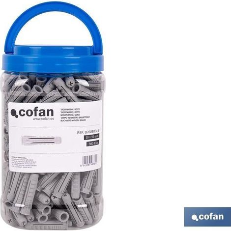Taco nylon 10x50 mm, anclaje firme y seguro, bote de 300 unidades. (1/4)