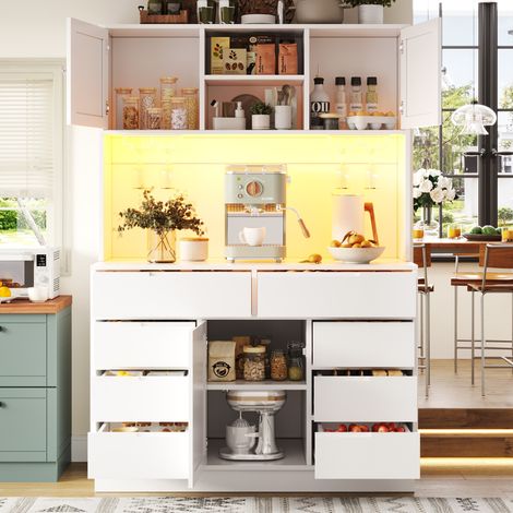 Armoire haute moderne, meuble de cuisine avec éclairage LED intelligent, armoire haute pour salon, 8 tiroirs, fermeture magnétique, étagères réglables en hauteur, 120 ×40×183.5cm, Blanc (1/5)