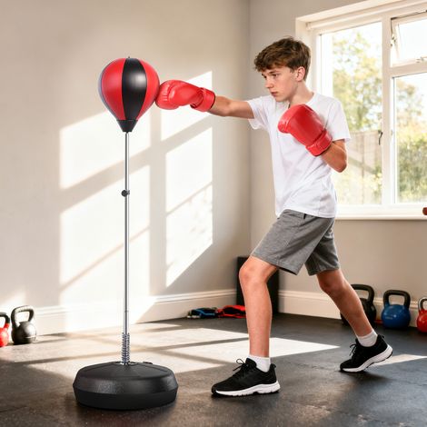 HOMCOM Saco de Boxeo de Pie Punching Ball con Altura Ajustable de 4 Niveles en 126-144 cm Base Rellenable de Agua o Arena Guantes y Inflador para Adolescentes Rojo y Negro (1/5)