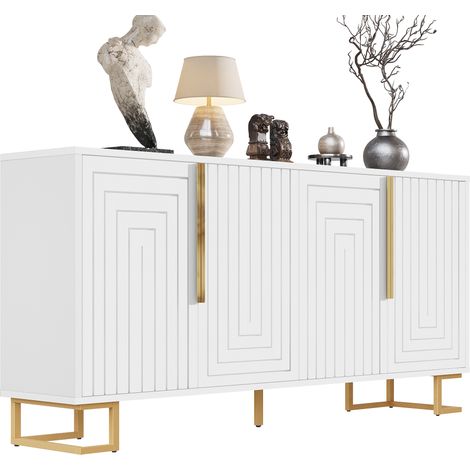 Credenza con 2 Ante e 4 Vani, Piedi in Metallo, Stile Moderno, in MDF, 152×40×75 cm, Bianco (1/5)