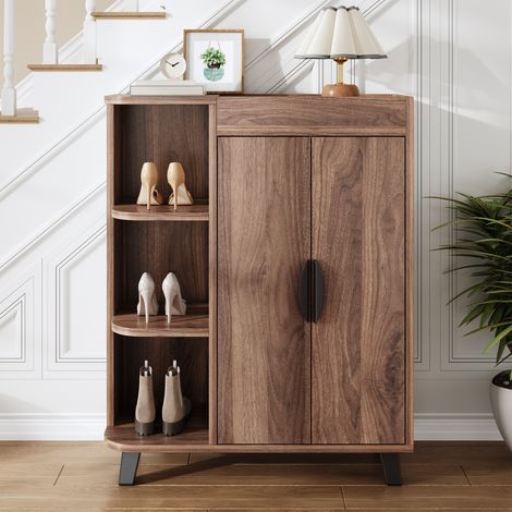 Meuble à chaussures étroit, meuble à chaussures à double porte, étagère à chaussures avec compartiments ouverts, aspect bois, armoire polyvalente pour l’entrée, petit meuble à chaussures pour petits e (1/5)